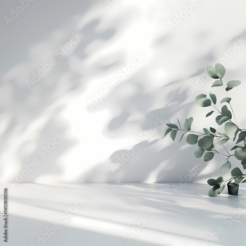 Minimalist plant casting soft shadows on serene white wall, highlighting simplicity and tranquility in natural decor.