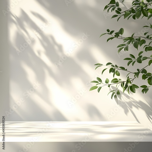 Leaf shadows on minimal white wall, natural decor, serene indoor scene, soft light, tranquil atmosphere.