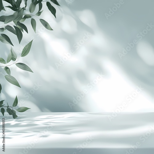 Foliage and soft shadows on a minimal light background, peaceful, natural ambiance, soothing green leaves