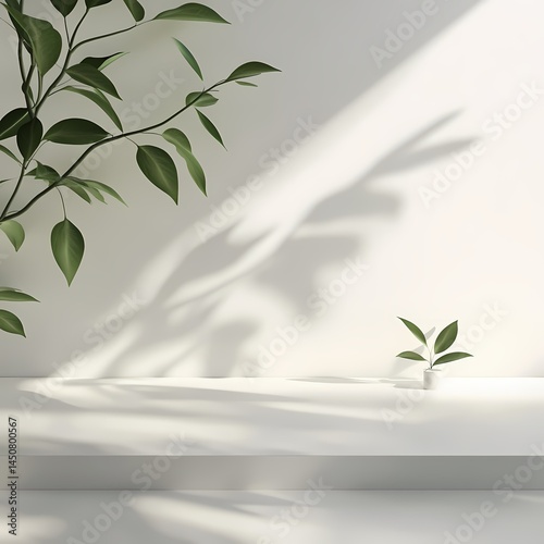 Minimalist interior with green plant casting soft shadows on a white wall, peaceful ambiance, serene space, modern decor