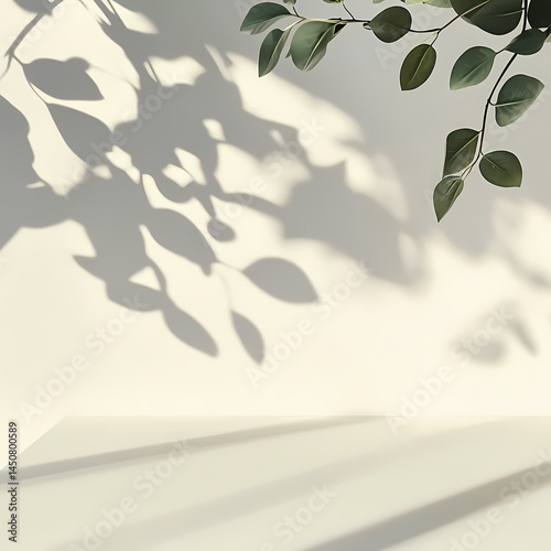 Leafy branch casting intricate shadows on a softly lit creamy wall, nature's serene play of light and shade.