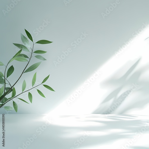 Minimalist plant casting soft shadows on pale green background, serene ambiance, nature-inspired decor, calm atmosphere