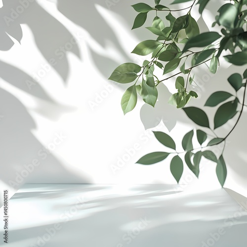 Sunlit leaves casting shadows on a minimalist white surface serene nature-inspired ambiance with soft natural light.