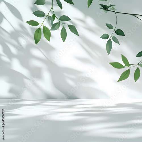 Leaf shadows and sunlight on a wall, nature theme, minimalist aesthetic, soft green tones, peaceful and serene ambiance.