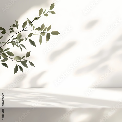 Minimalist leafy branch casting soft shadows on a light background, evoking tranquility and simplicity.