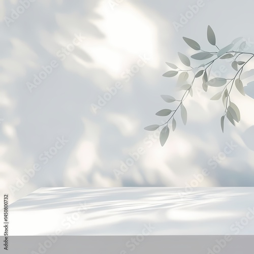 Elegant branch casting intricate shadows on soft gradient surface, minimalist design, serenity and nature theme.