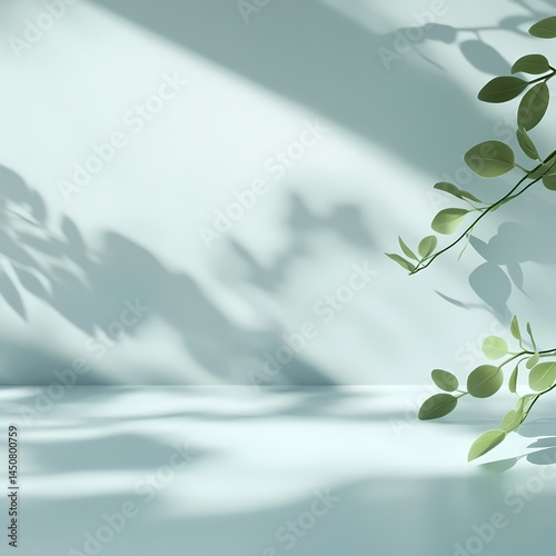 Sunlit leaves casting soft shadows on a pale mint background, minimalist nature theme, tranquil ambiance
