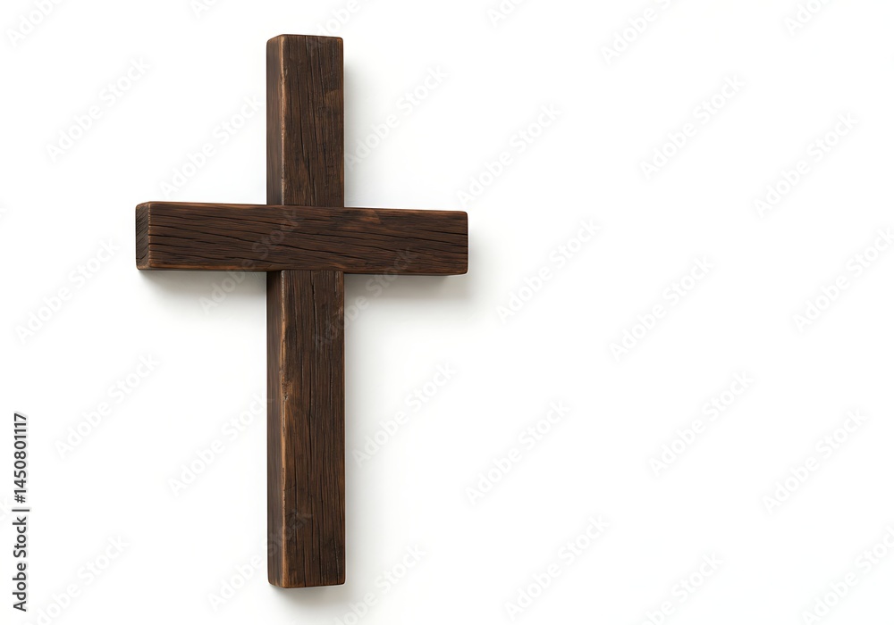 A simple wooden cross with a dark brown finish against a plain white background on the left side A simple wooden cross with a dark brown finish against a plain white background on the left side