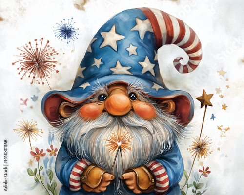 Whimsical watercolor illustration featuring a cheerful gnome, He is wearing a large, floppy hat adorned with stars and stripes, reminiscent of the American flag. 