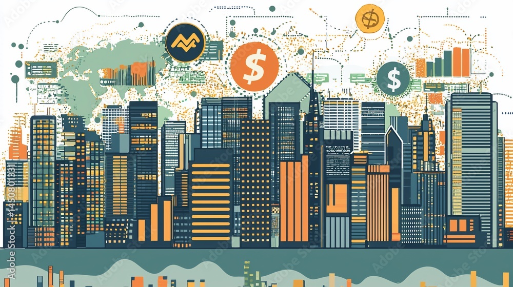 Fototapeta premium Global finance cityscape, economic growth, world map background, business infographic