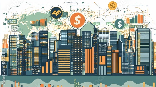 Global finance cityscape, economic growth, world map background, business infographic
