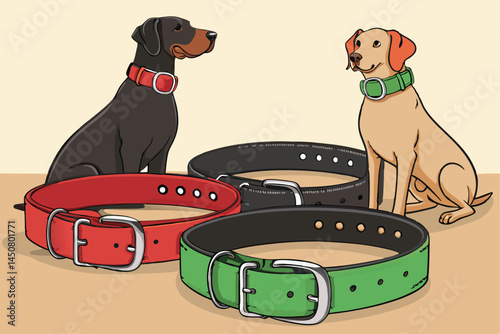 Create a colorful illustration showcasing various pet GPS tracker gadgets attached to different pets (dogs, cats, birds).  Highlight different designs and attachment methods.