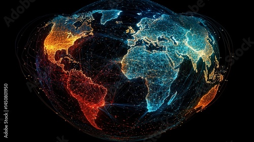 Global network connections, data flow, world map, dark background, global communication