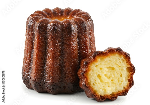 A canelé pastry whole and half cut showing the inside on a white background in a studio shot close up