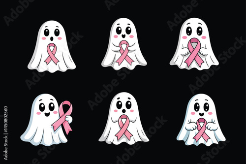 Cute Ghost Characters with Pink Ribbons for Breast Cancer Awareness
