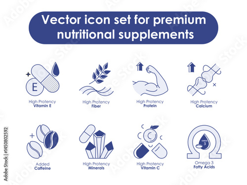Vector icon set for premium nutritional supplements. Showcases capsules and natural elements like Vitamin E, Protein, Fiber, Minerals, and Omega-3 for balanced health.