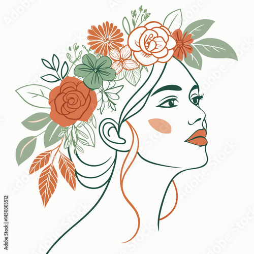 Create a minimalist line art illustration of a woman's face adorned with a delicate floral crown.  The style should be clean and elegant.