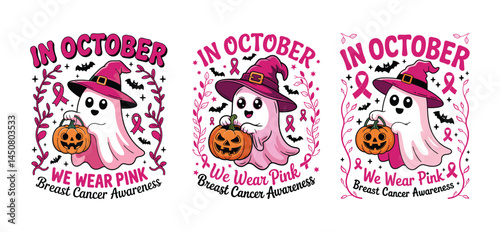 Halloween Ghost with Witch Hat and Pumpkins for Breast Cancer Awareness in October

