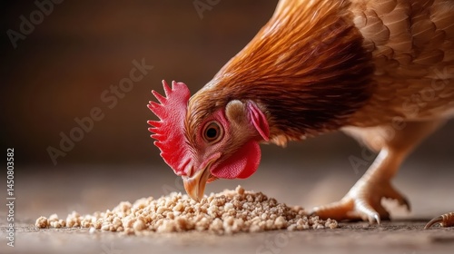 A detailed close-up of a chicken pecking at granules on a rustic surface, showcasing the texture of the food and the beauty of rural life, bringing a sense of nostalgia.
