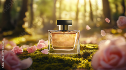 Glass perfume bottle with flower petals in tranquil forest setting


 photo