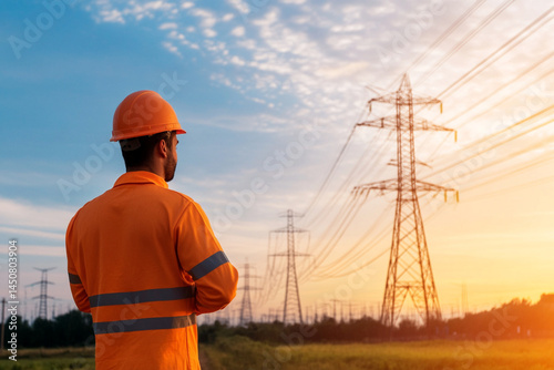 Industrial electrician conducts maintenance on power grids at sunset in rural area