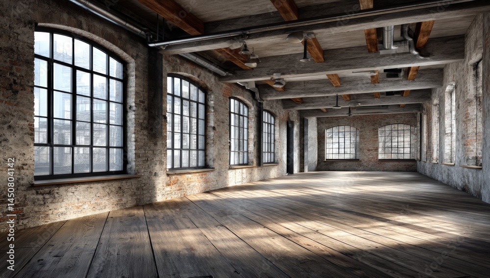 Rustic room with sunlit windows, old brick, wooden floors, and a spacious design Rustic room with sunlit windows, old brick, wooden floors, and a spacious design