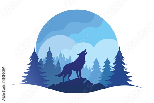 A lone wolf howls from a rocky peak amidst stylized blue forest trees