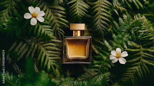 Luxury perfume bottle on tropical green foliage with white flowers, product mockup photo