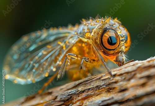 a newly emerged annual cicada clings to a twig, its wings still unfolding and covered in droplets after its transformation. photo