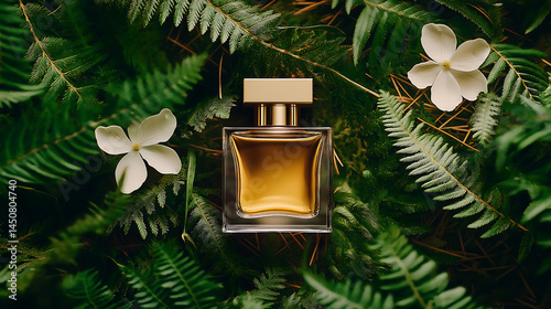 Luxury perfume bottle on tropical green foliage with white flowers, product mockup photo