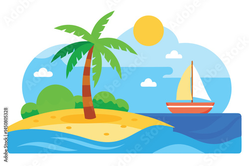 A palm tree grows on the beach as a sailboat sails on the water