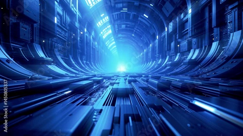 Sci-fi tunnel in glowing blue with digital walls and radiant depth. A perfect high-tech corridor for future city, spaceship, or virtual reality environment.