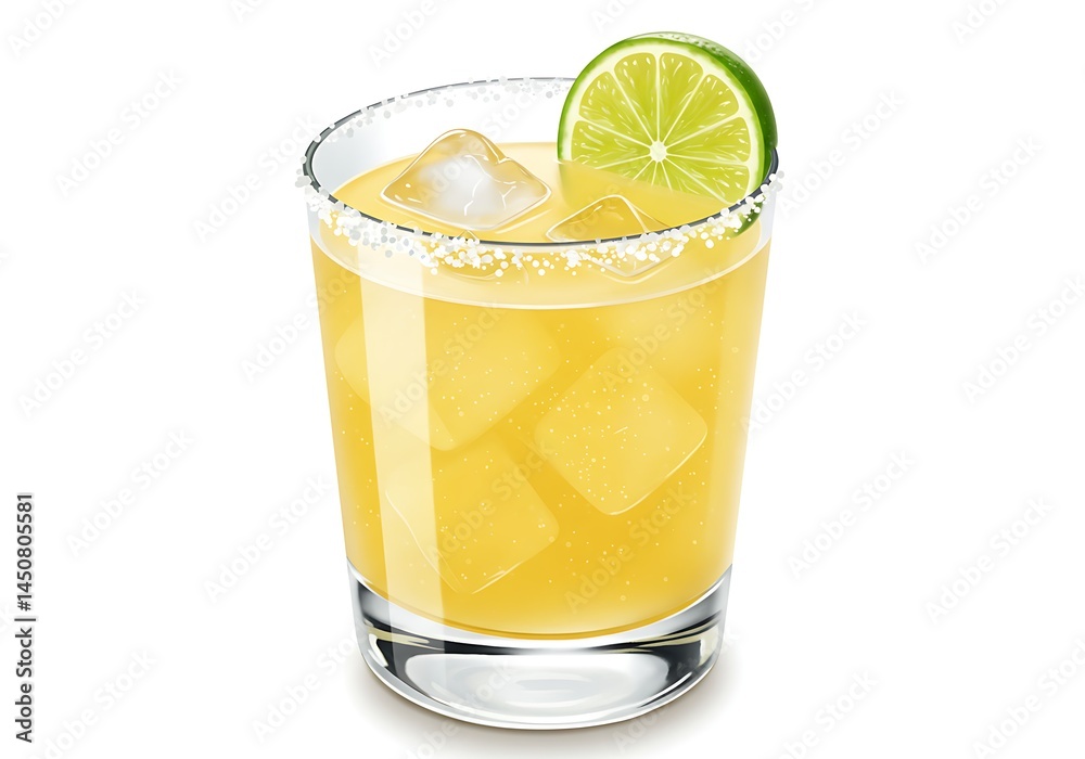 A refreshing yellow drink with ice cubes and a lime slice on a white background in a short glass A refreshing yellow drink with ice cubes and a lime slice on a white background in a short glass
