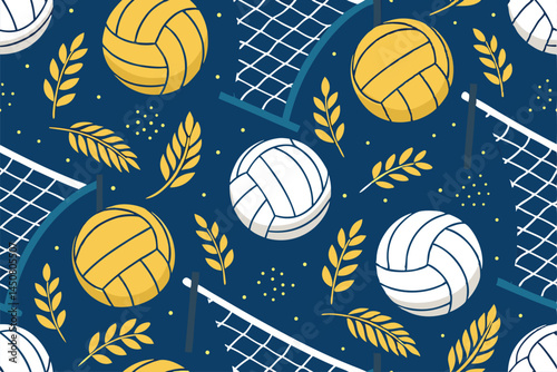 Create a bold, vector seamless pattern featuring vibrant volleyballs and detailed volleyball nets, ideal for sportswear or summer-themed designs.
