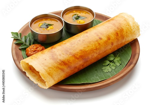A dosa served on a wooden plate with two bowls of sambar and some chutney with green leaves garnish