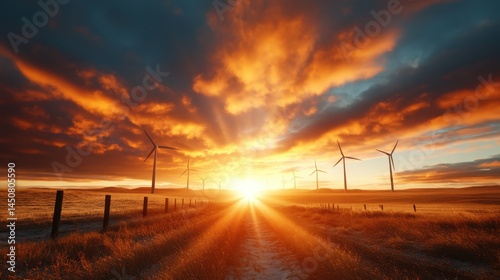 An extraordinary orange sunset illuminating the sky, juxtaposed with silhouetted wind turbines, emphasizes the connection between nature and renewable energy.