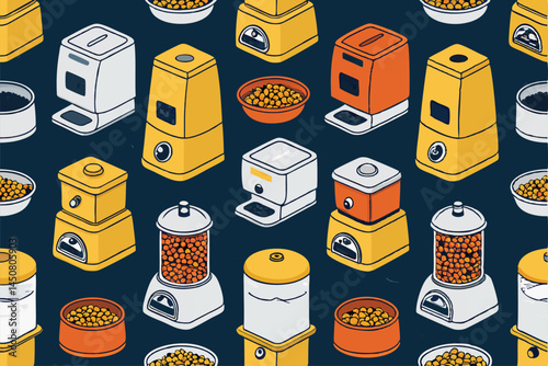 Create a seamless vector pattern featuring various designs of automatic pet feeders, showcasing different styles and sizes for cats and dogs.