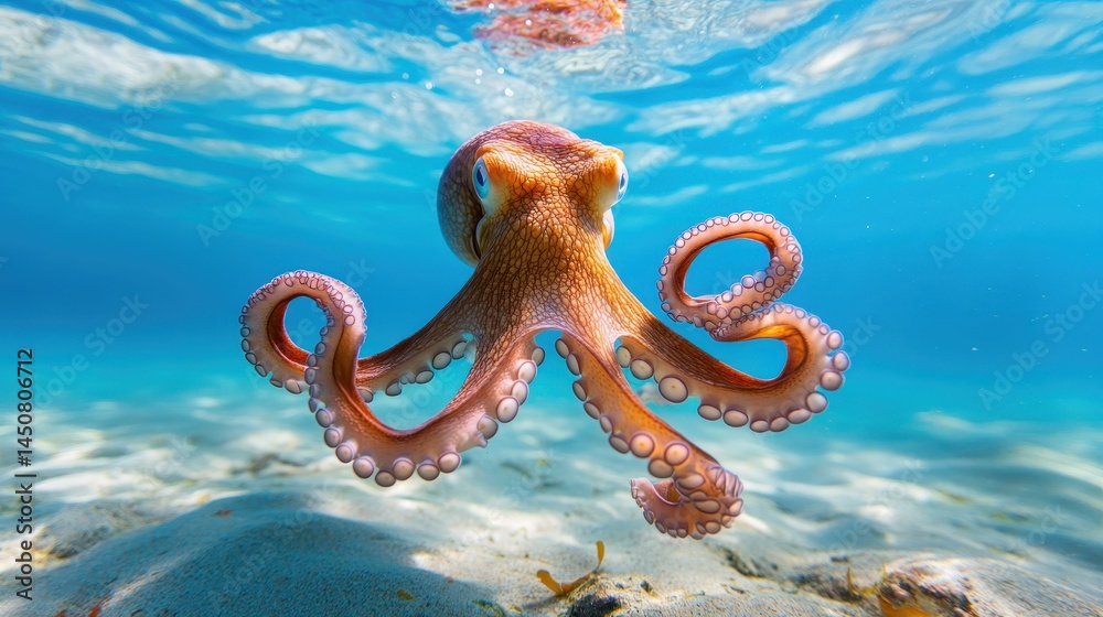 A mesmerizing octopus swims gracefully in crystal clear water, showcasing its vibrant colors and intelligent behavior in its natural underwater habitat.