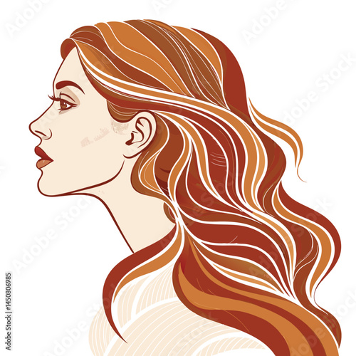 A stunning side profile of an elegant woman, showcasing long, wavy hair cascading down her shoulders, emphasizing grace and sophistication.