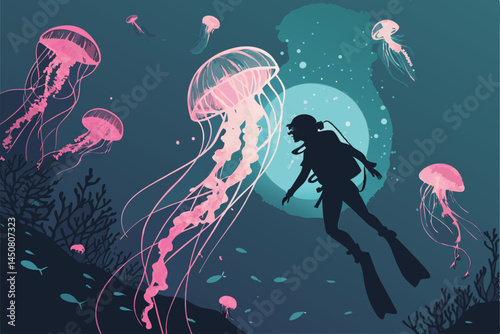 Create a dramatic silhouette of a deep-sea diver,  enveloped by an ethereal, bioluminescent glow in the inky blackness of the ocean depths.