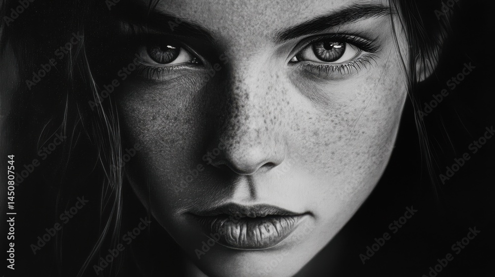 Intense black and white portrait of a young woman showcasing striking features and deep gaze in soft lighting Intense black and white portrait of a young woman showcasing striking features and deep gaze in soft lighting