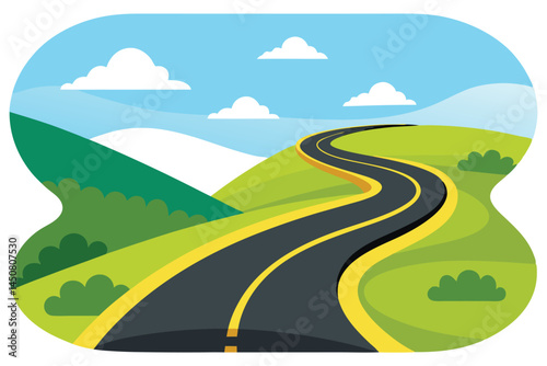 A winding asphalt road with yellow lines cuts through green hills under a bright sky
