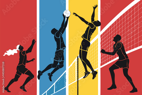 Dramatic silhouette of volleyball players mid-action; one spiking, others blocking. Intense athleticism, dynamic poses, powerful movements.