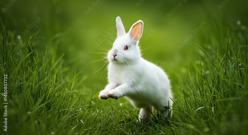 White Rabbit Jumping in Green Grass White Rabbit Jumping in Green Grass