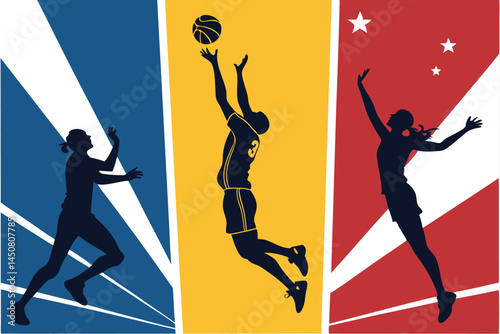 Dynamic silhouette of volleyball players mid-action; one spiking, others blocking.  Powerful athleticism captured in a dark, high-contrast image.