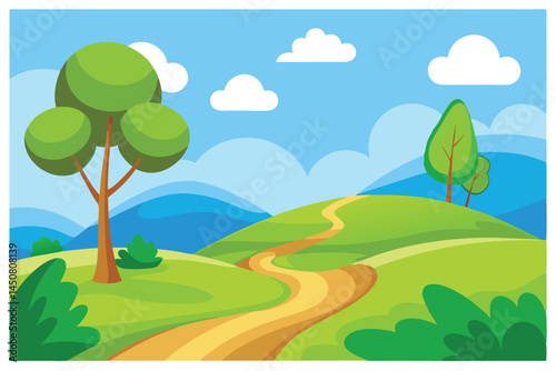 A winding road meanders through a vibrant, green landscape under a clear blue sky