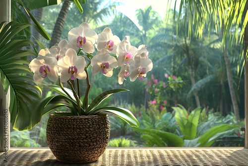 Beautiful white orchids in a basket, tropical garden view.
