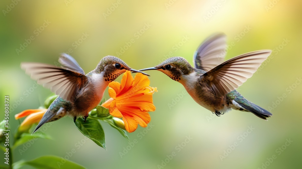 Naklejka premium The image captures a breathtaking moment of two hummingbirds hovering near a vibrant orange flower, showcasing their iridescent feathers and delicate beauty in nature.