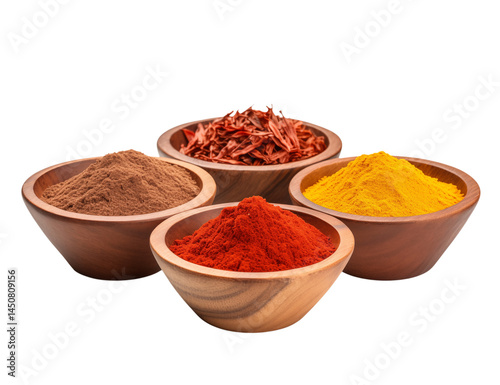 A close up of four wooden bowls filled with colorful spices against a studio shot transparent background png
