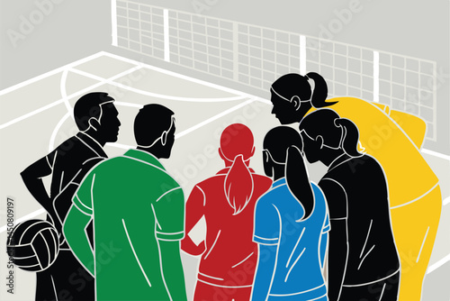 Create a vector silhouette illustration of a volleyball team huddled together before a match, showcasing teamwork and strategy.  Focus on dynamic poses.